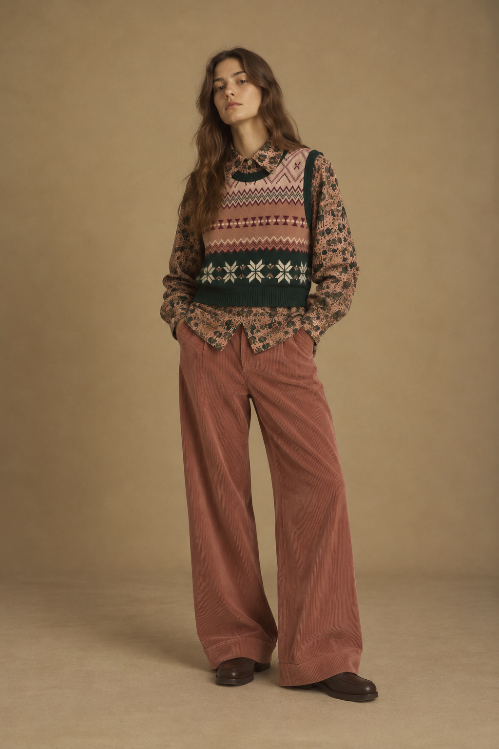 Pantalón ancho de pana para mujer, color rosa palo, 100% algodón, hecho en España, vista 2 – Coco au Lait