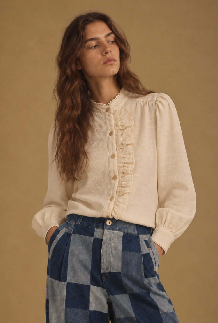 Blusa de jacquard para mujer, color crema, 100% algodón, hecho en España – Coco au Lait