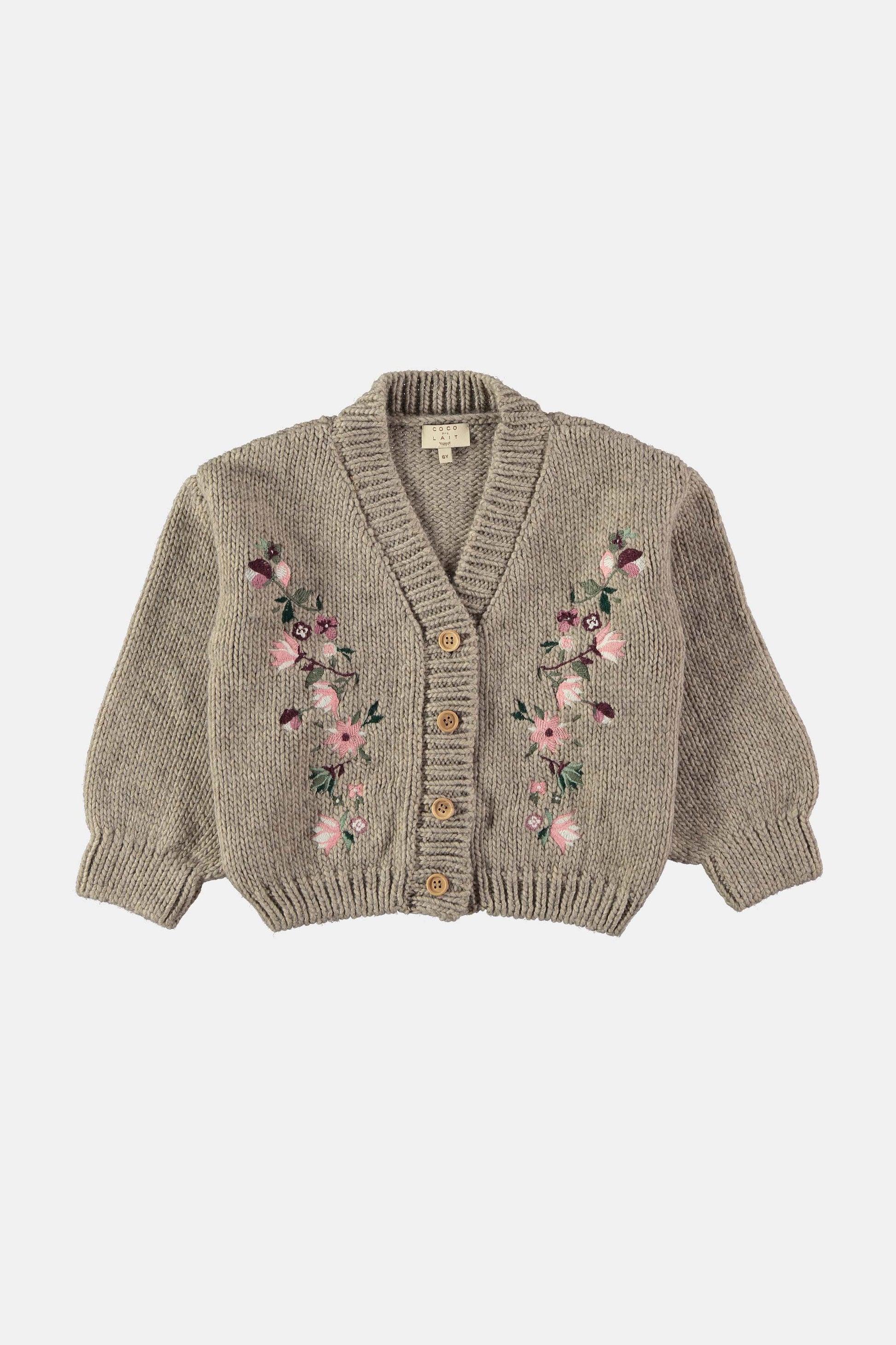 – CARDIGAN ROSE EU BABY CocoAuLait SMOKE KNIT EMBROIDERED