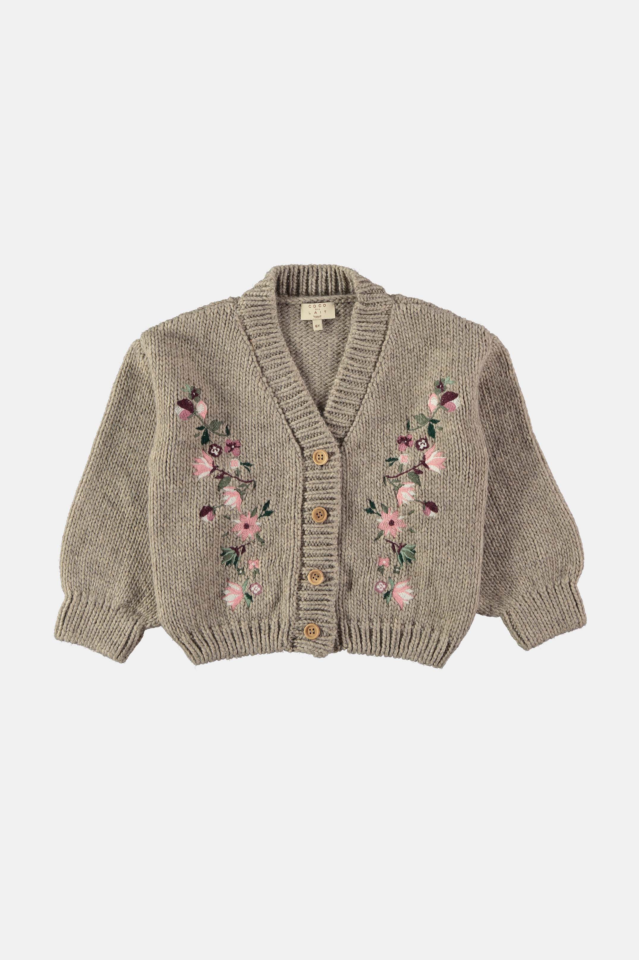 Coco Au Lait ROSE SMOKE KNIT EMBROIDERED BABY CARDIGAN  Rose Smoke